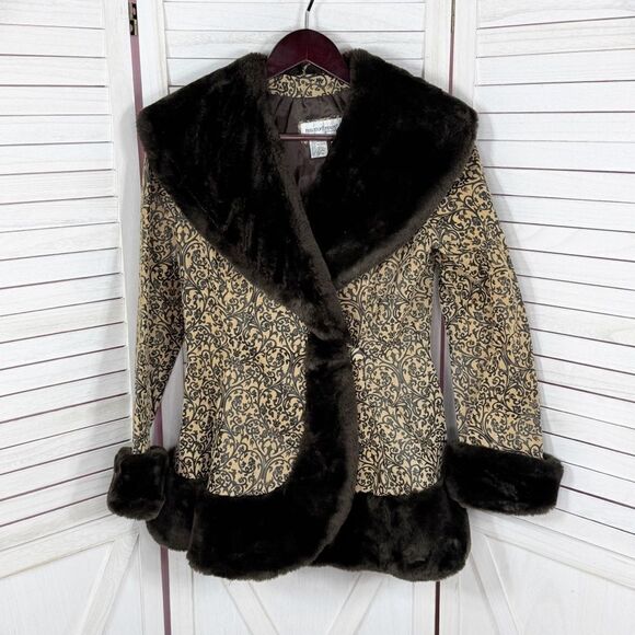 Newport News Vintage Embossed Faux Fir Trim Leather Princess‎ Swing Coat Small - Picture 9 of 15